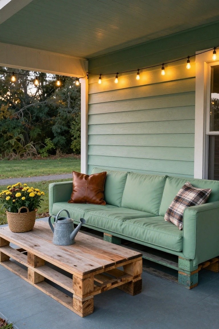 Green pallet sofa with brown leather and plaid pillows on a covered porch next to a wooden pallet coffee table holding a metal watering can, with potted mums and string lights overhead against mint green siding and yard.