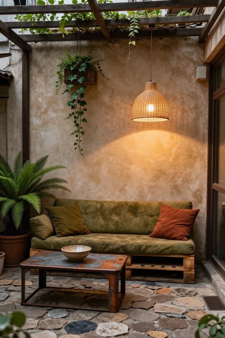 Outdoor courtyard seating area featuring a green velvet sofa on wooden pallet base, rusty metal coffee table with ceramic bowl, potted ferns, hanging rattan lamp, ivy plants on textured walls, and pebble stone floor under wooden pergola.