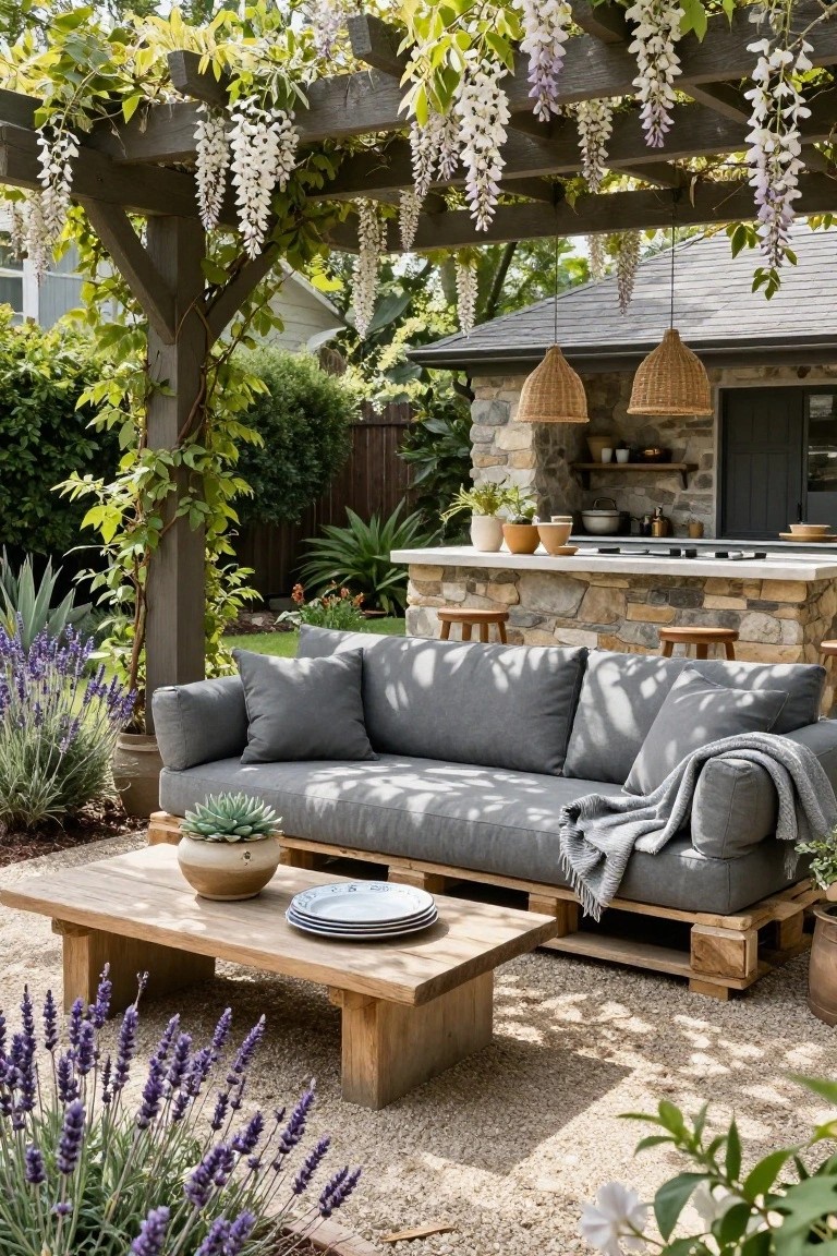 Outdoor seating area featuring a gray cushioned sofa on a pallet base with a wooden coffee table, under a wisteria-covered wooden pergola next to a stone outdoor kitchen bar, surrounded by potted plants and lavender.