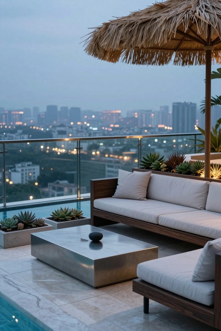 Rooftop balcony terrace with L-shaped wooden sofa and cushions, metal coffee table, thatched umbrella, potted succulents, small pool, glass railing, and city skyline view at dusk.