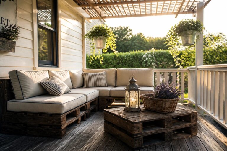 18 Durable Pallet Outdoor Furniture Ideas That Handle Weather, Cushions, and Everyday Use A corner sectional and coffee table made from wooden pallets on a deck, with beige cushions, a lantern, and a basket of lavender.