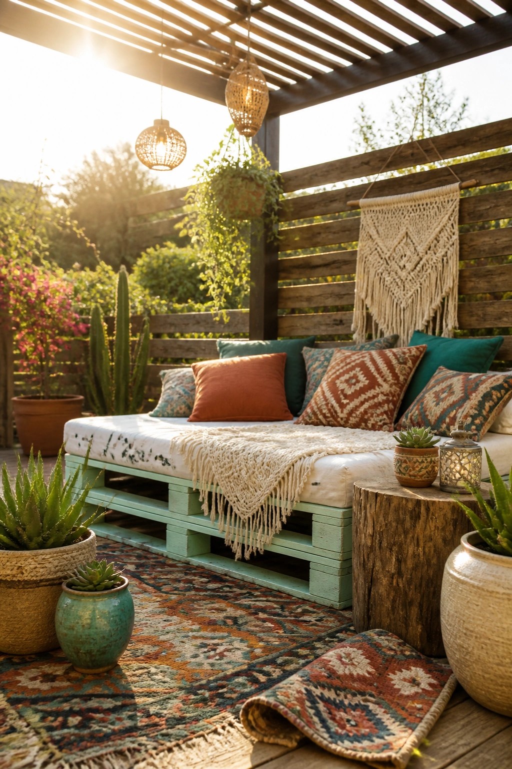 A light green painted wooden pallet forms the base of an outdoor daybed topped with a white cushion, patterned pillows, a fringed throw, and surrounded by potted plants and rugs on a wooden deck under a pergola.
