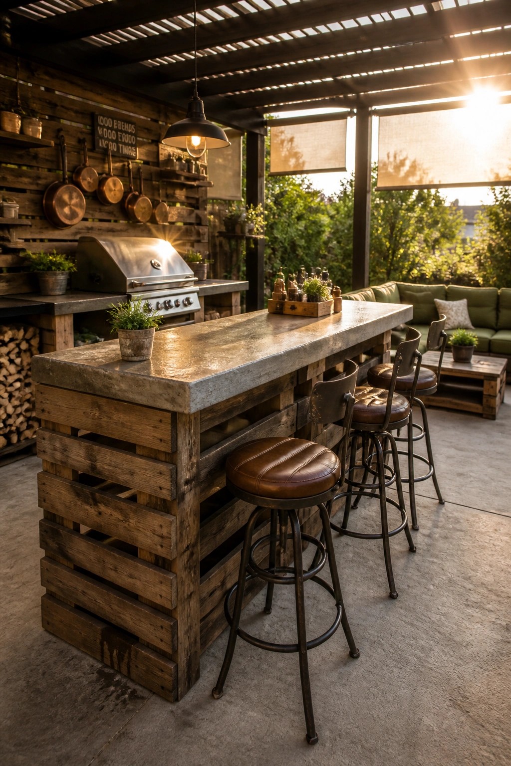Outdoor bar counter built from wooden pallets with a concrete top, metal stools along one side, and a grill nearby in a covered patio area.