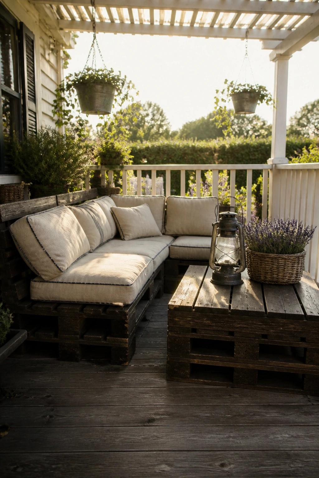 A corner sectional and coffee table made from wooden pallets on a deck, with beige cushions, a lantern, and a basket of lavender.