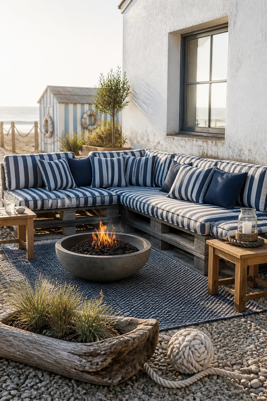 A corner sectional sofa built from wooden pallets with blue and white striped cushions arranged around a round fire pit on an outdoor patio.
