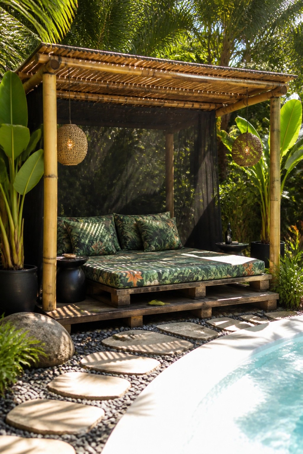 A wooden pallet daybed with green patterned cushions sits under a bamboo canopy beside a swimming pool surrounded by tropical plants and stone pavers.