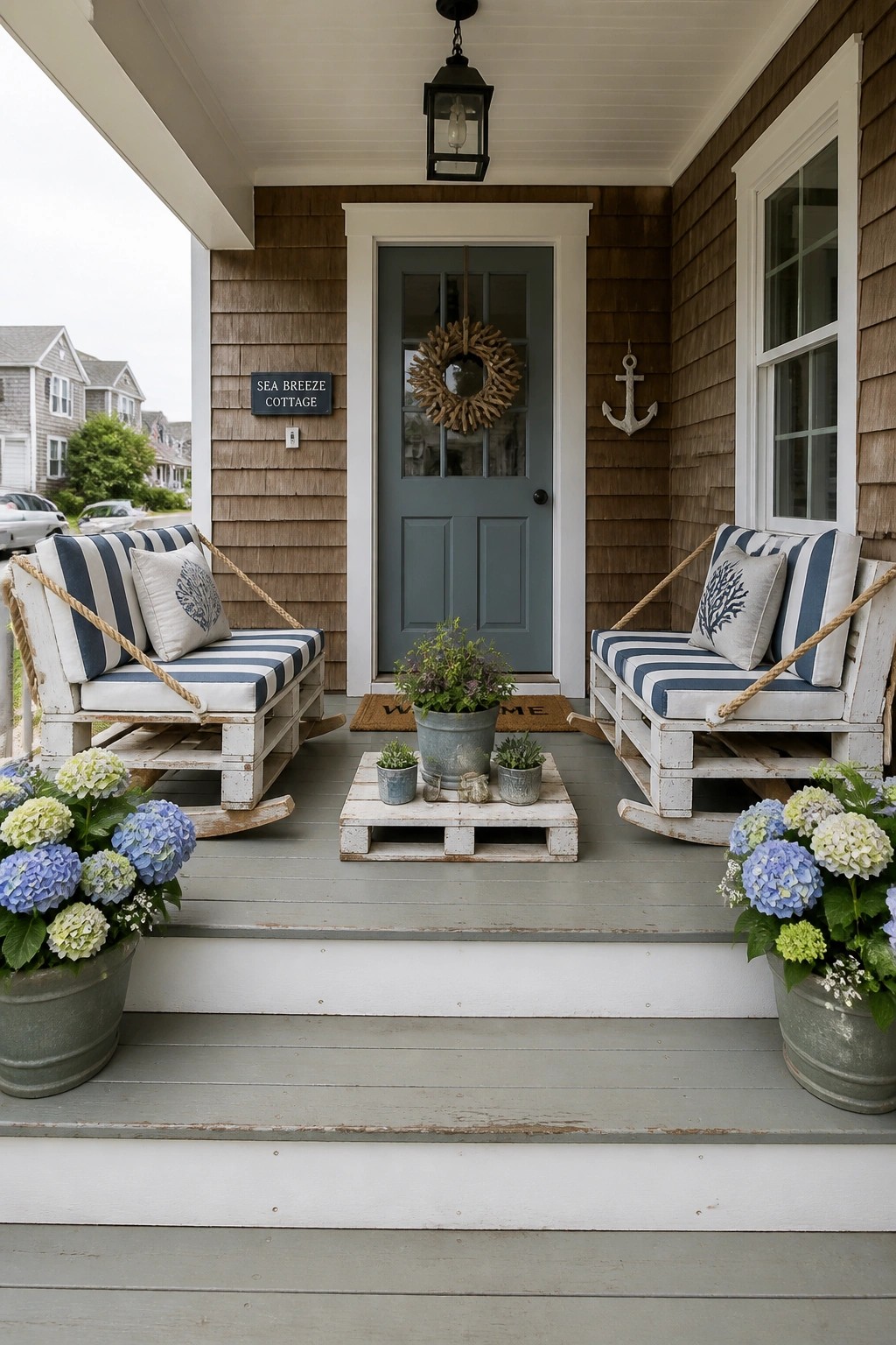 A front porch with two whitewashed pallet rocking chairs with blue and white striped cushions, a small pallet coffee table, potted flowers on the steps, and a blue front door with a wreath.