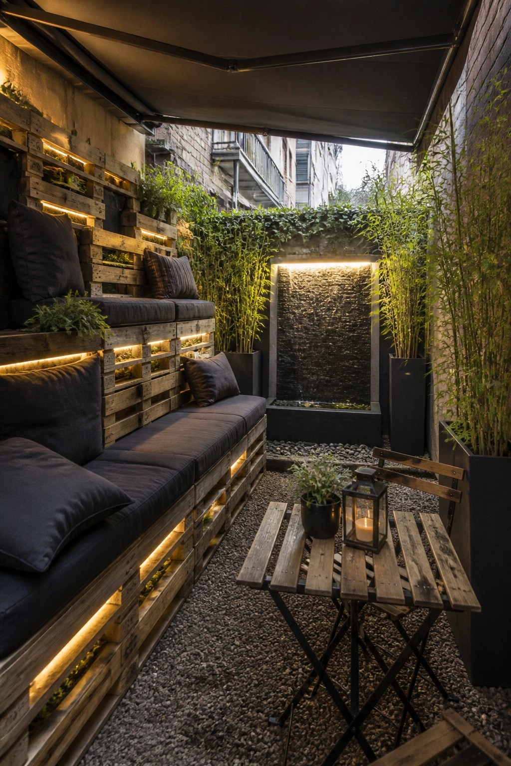 An outdoor covered patio featuring low wooden pallet sofas with dark cushions, integrated LED strip lighting, a small wooden table holding a lantern, and tall potted plants beside a wall water feature.