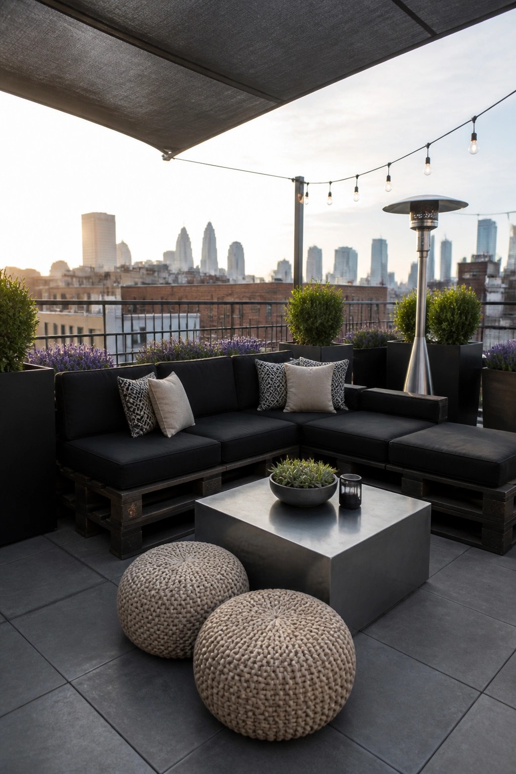 Rooftop terrace with a black-cushioned sectional sofa built from wooden pallets, two woven ottomans, a metal coffee table, and potted plants against a city skyline.