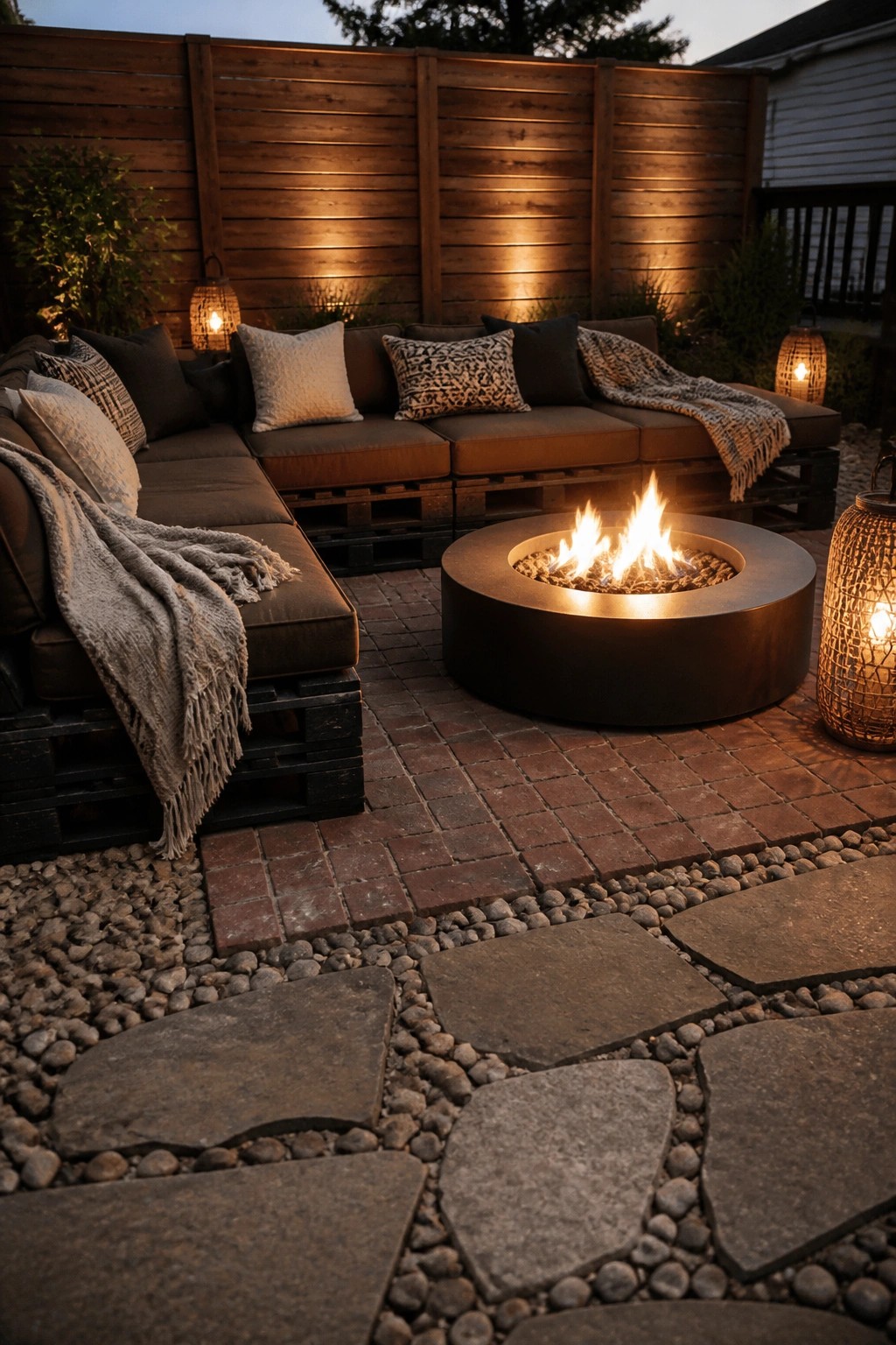 A pallet wood sectional sofa with cushions arranged around a round metal fire pit on a brick patio with stone pathways.