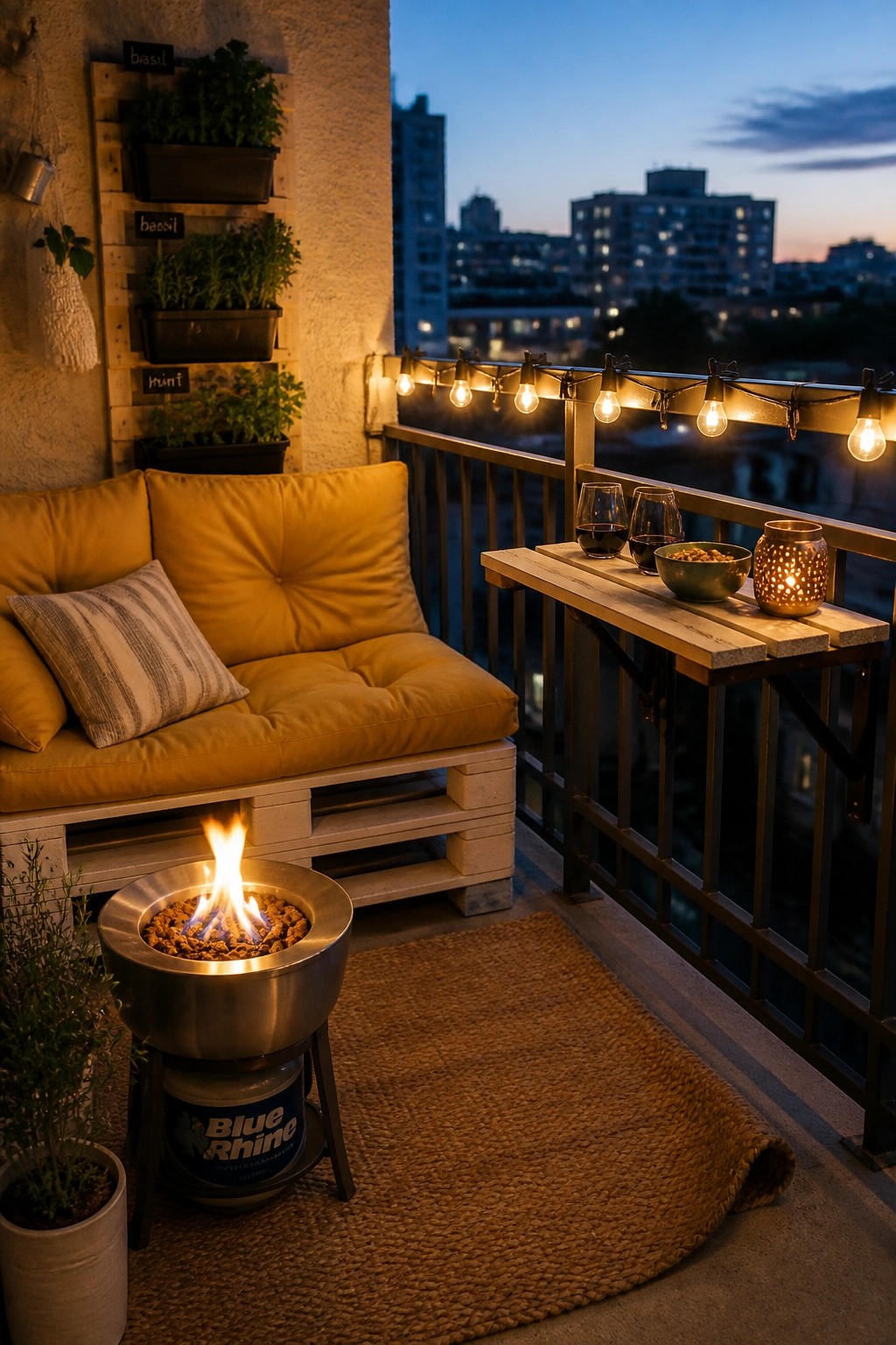 A balcony at dusk with a pallet sofa covered in yellow cushions, a round metal fire pit, string lights along the railing, and a small wooden table holding wine glasses.