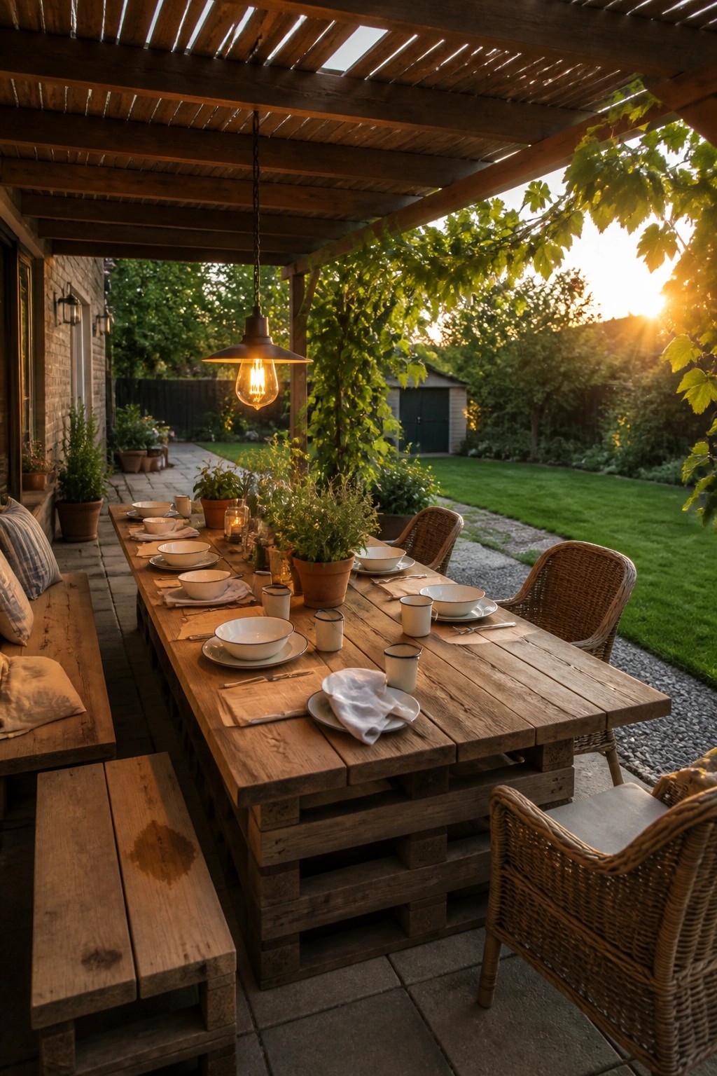 A long wooden dining table made from pallets sits under a covered wooden structure on a stone patio, set with white dishes, a hanging light, and surrounded by wicker chairs and a bench.
