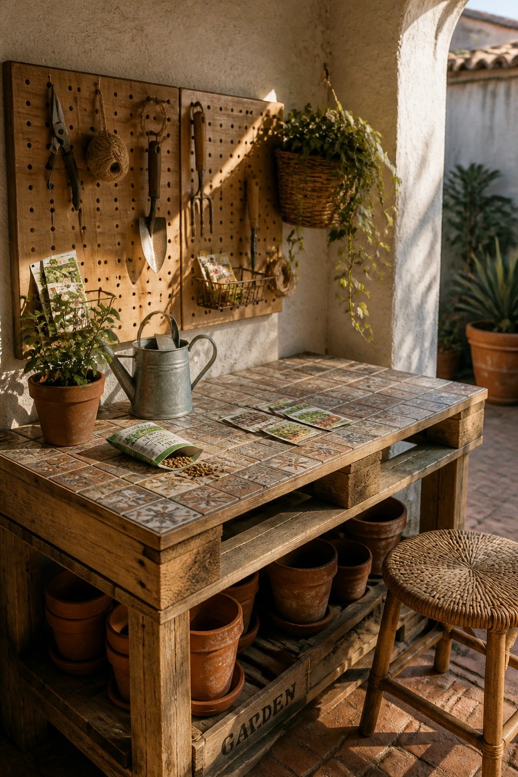 A wooden pallet table with a tiled top holds gardening tools, seed packets, a watering can, and potted plants in an outdoor corner.