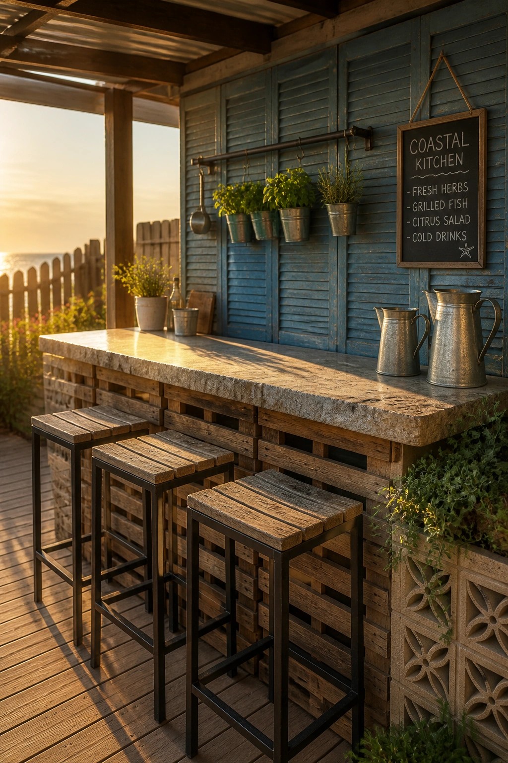 An outdoor bar made from pallet wood with three matching stools on a wooden deck.