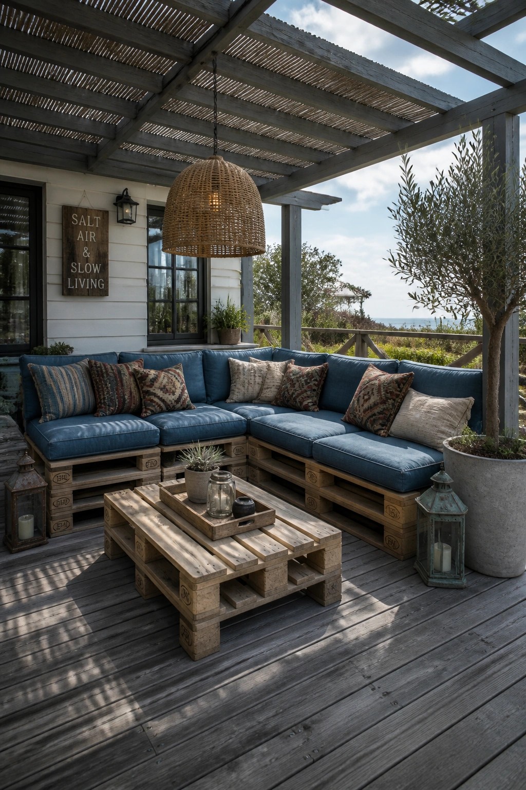 A large L-shaped sectional sofa built from wooden pallets with blue cushions and patterned pillows sits on a deck under a pergola, with a matching pallet coffee table in front.