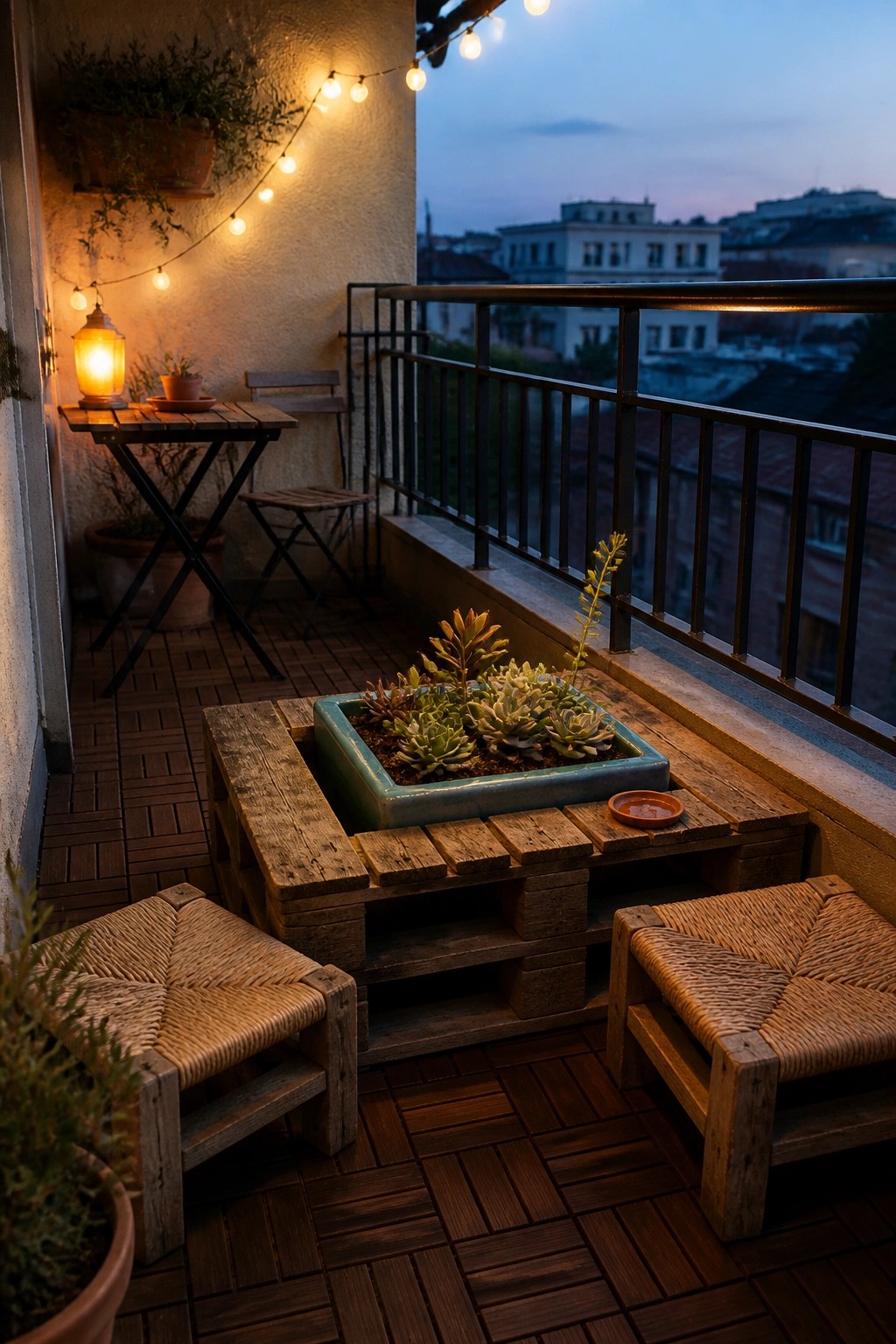 A wooden pallet table on a balcony holds a large rectangular planter with succulents, flanked by two pallet stools with woven seats.