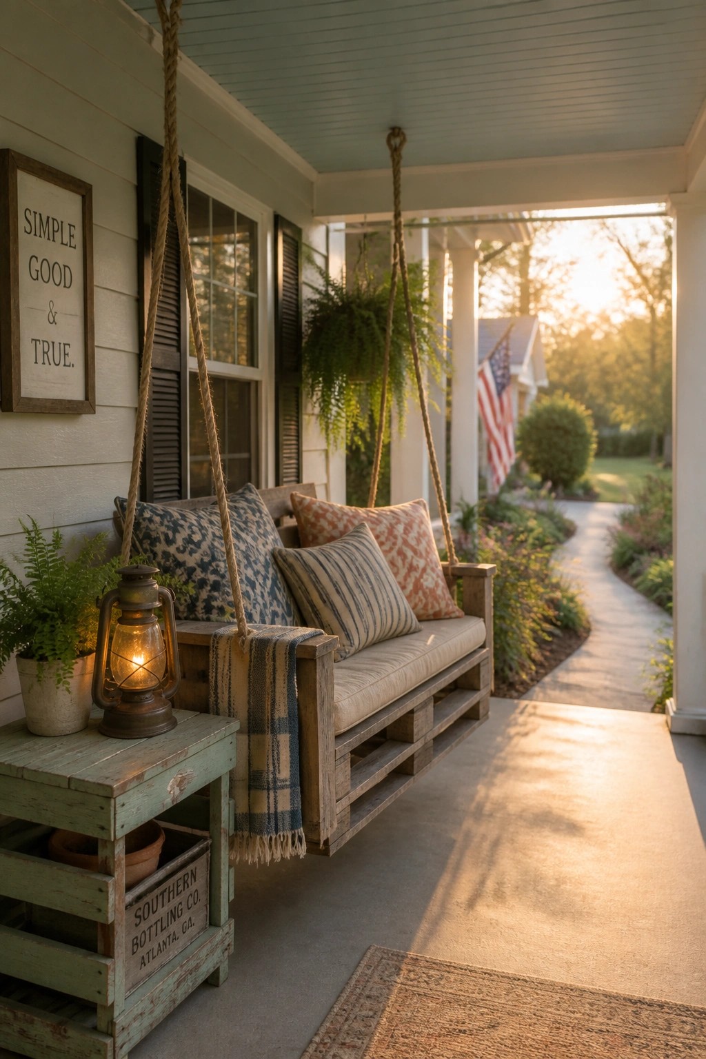 A wooden pallet swing suspended by ropes on a front porch, with cushions, a plaid blanket, and a lit lantern on a nearby table.