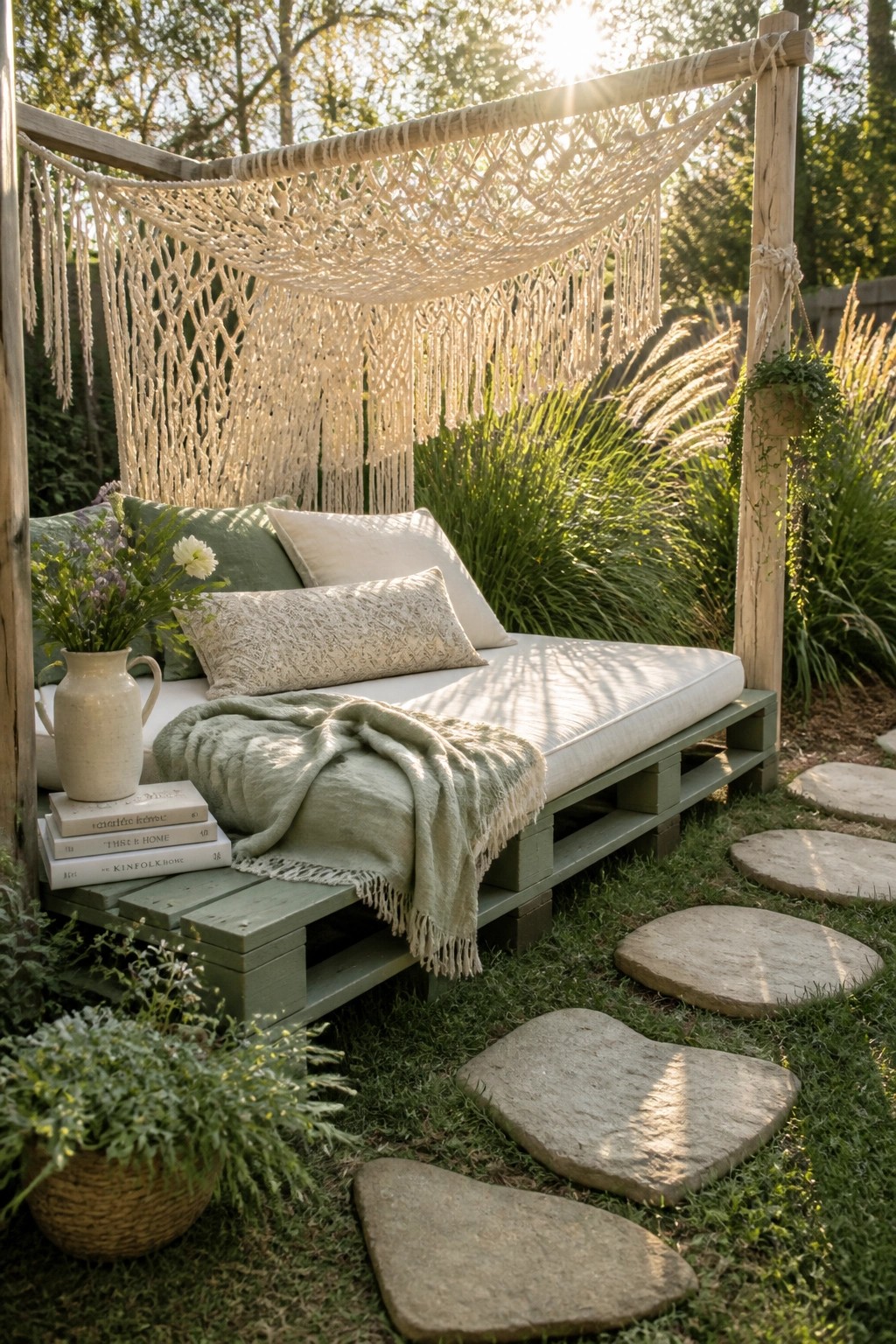 A green painted pallet daybed with white cushions, pillows, and a green throw sits under a macrame canopy in a garden with stone paths nearby.