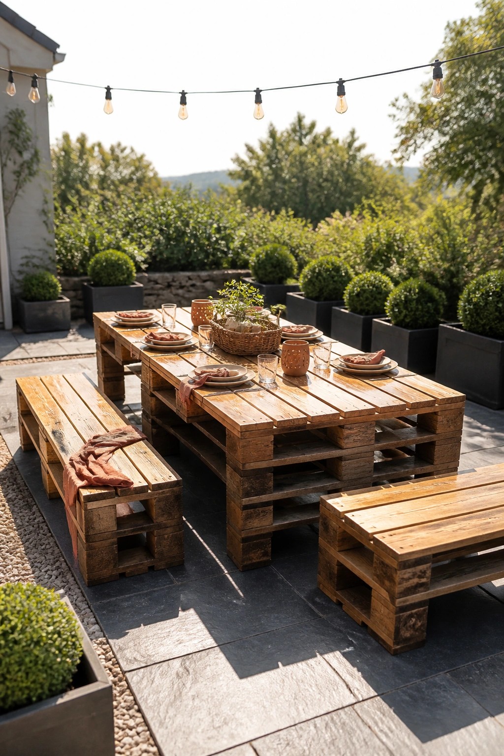 A long wooden pallet dining table with benches on a stone patio, set with plates and surrounded by potted plants and string lights.