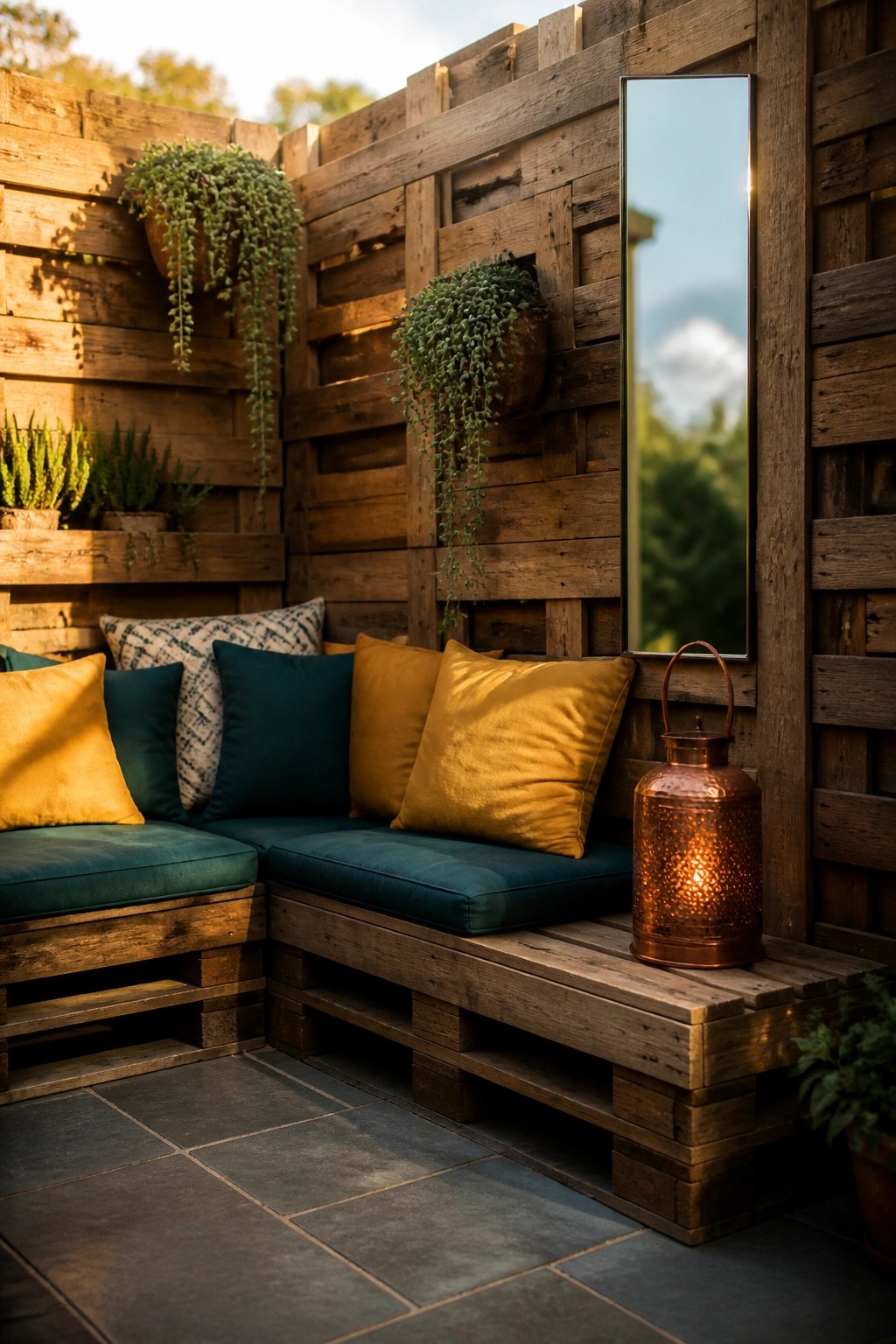 A corner bench built from wooden pallets with teal cushions and mustard pillows, set against a wood wall with hanging plants and a lit copper lantern on a stone patio.