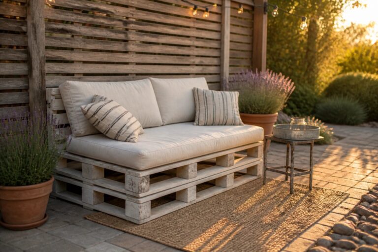 18 Easy Pallet Outdoor Furniture Ideas Made for Beginner DIY Builds Pallet wood sofa with white cushions amid potted lavender on patio at sunset