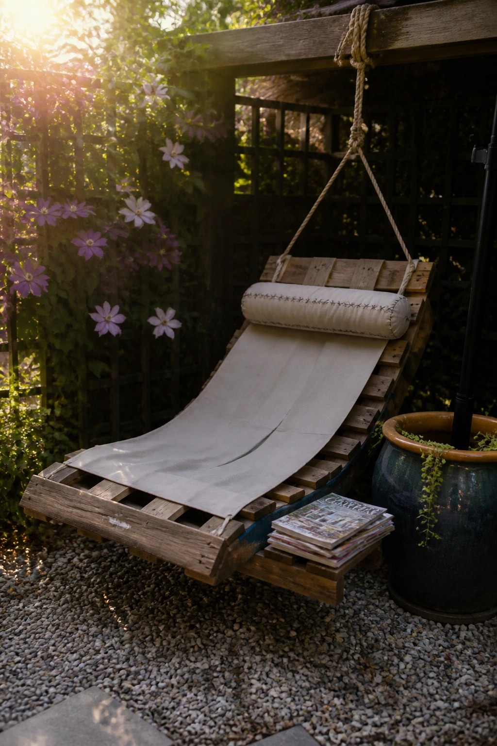 A wooden pallet lounge chair suspended by ropes, fitted with canvas fabric and a rolled cushion, placed outdoors on gravel near a potted plant and flowering vines.