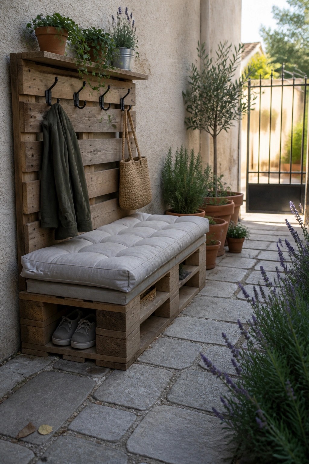A wooden pallet bench with a white cushion sits against a stucco wall on a stone patio, featuring black hooks holding a jacket and woven bag, with shoes stored in the lower compartment and potted plants nearby.