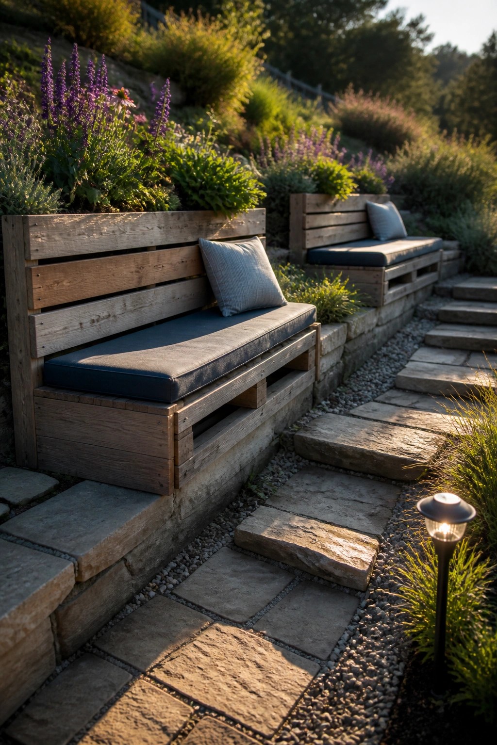Two wooden pallet benches with dark cushions sit along a stone pathway beside purple flowers and green plants on a sloped garden.