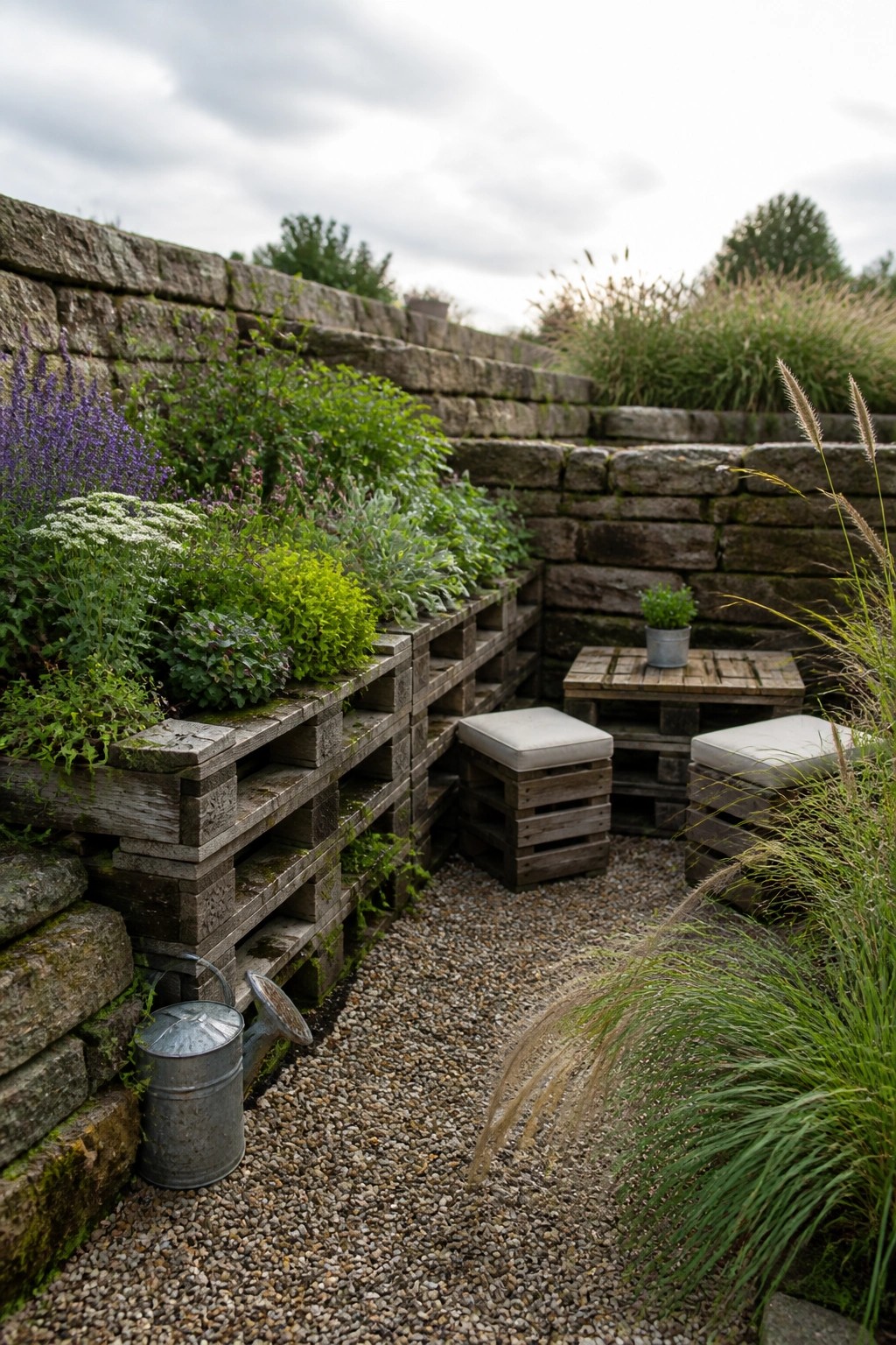 Wooden pallets stacked against a stone wall to form benches with cushions and a low table in a gravel garden area with plants.