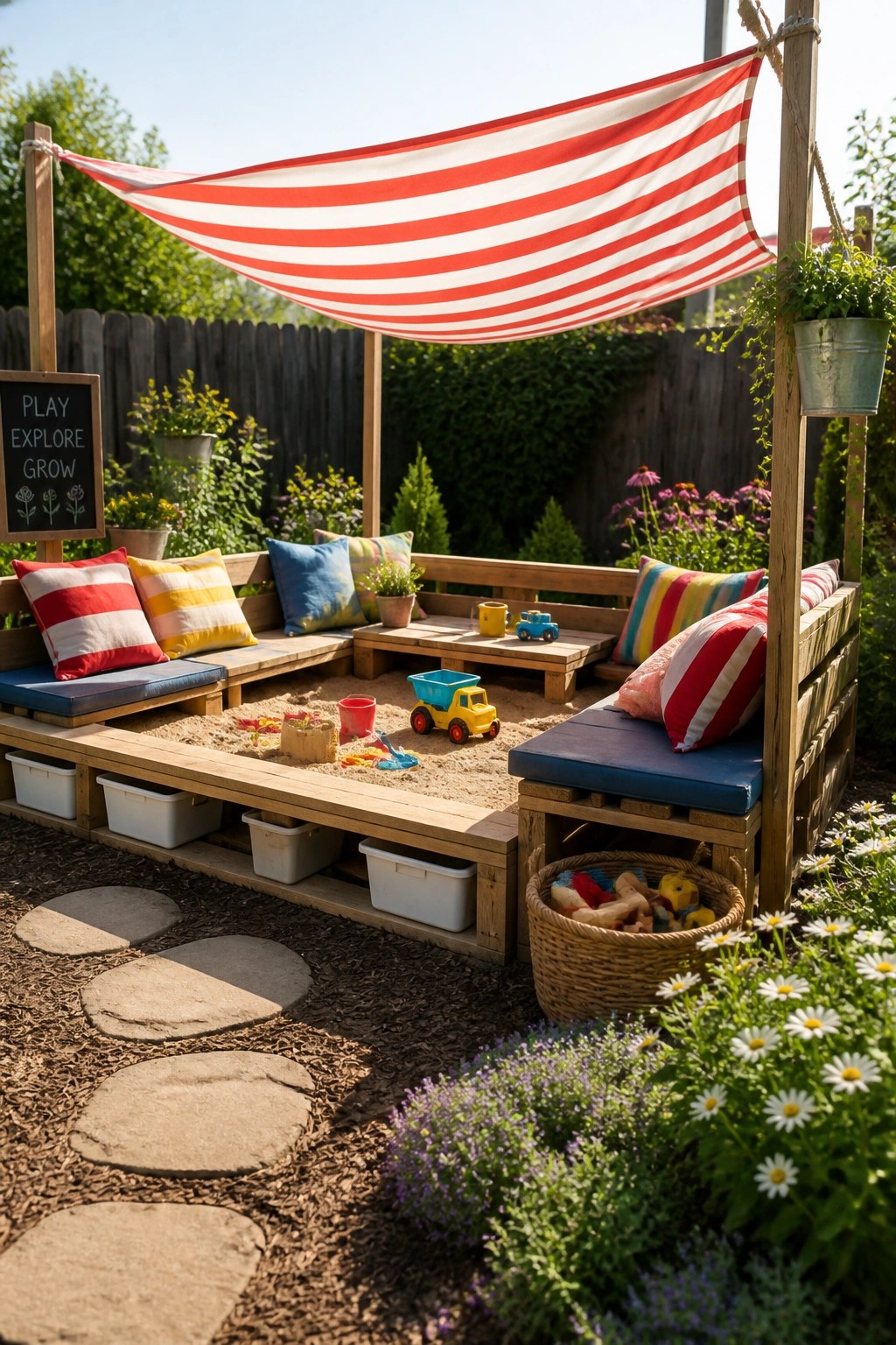Wooden sandbox with colorful cushions under red striped canopy in garden play area