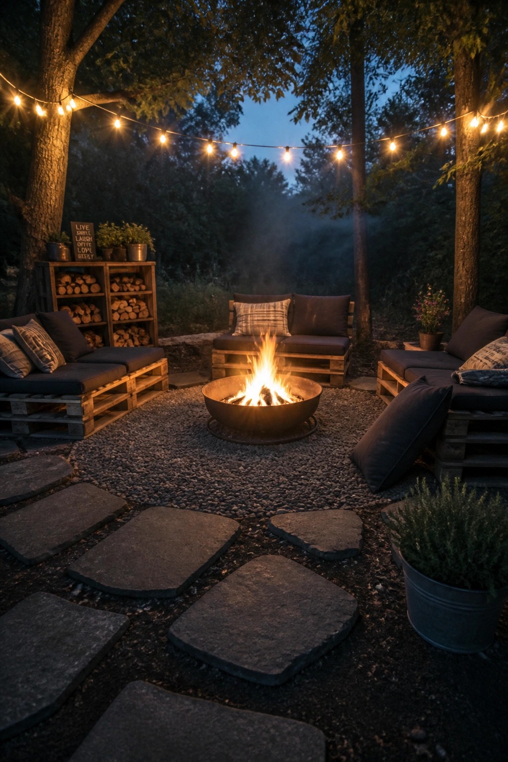 Outdoor fire pit with pallet sofas arranged around it on gravel, string lights above, and a stone path in the foreground.