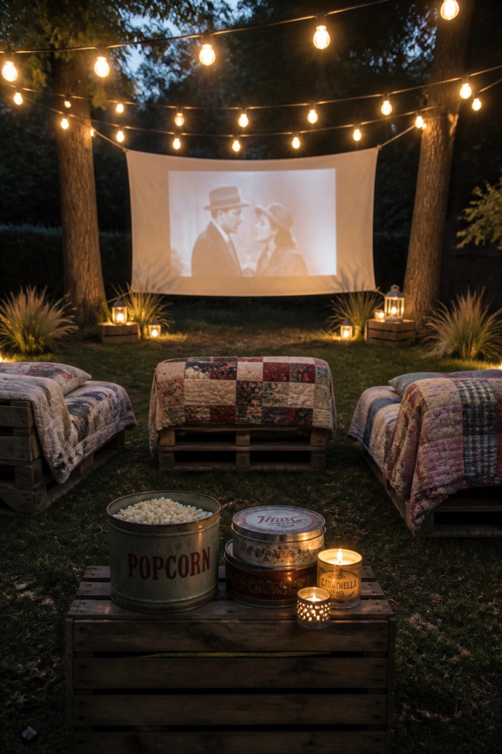 A backyard at dusk with three pallet seating areas covered in patchwork quilts, a large projector screen strung between trees, string lights overhead, and a wooden crate in the foreground holding popcorn and lit candles.