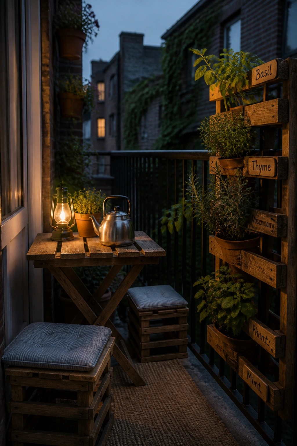 A compact balcony at dusk shows two wooden pallet stools with striped cushions, a small pallet table holding a lit lantern and metal kettle, and a vertical pallet herb planter mounted on the railing.