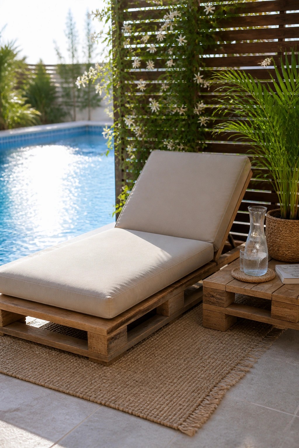 A wooden pallet lounge chair with beige cushions sits on a woven rug next to a swimming pool, with a small pallet side table holding a glass carafe and book.