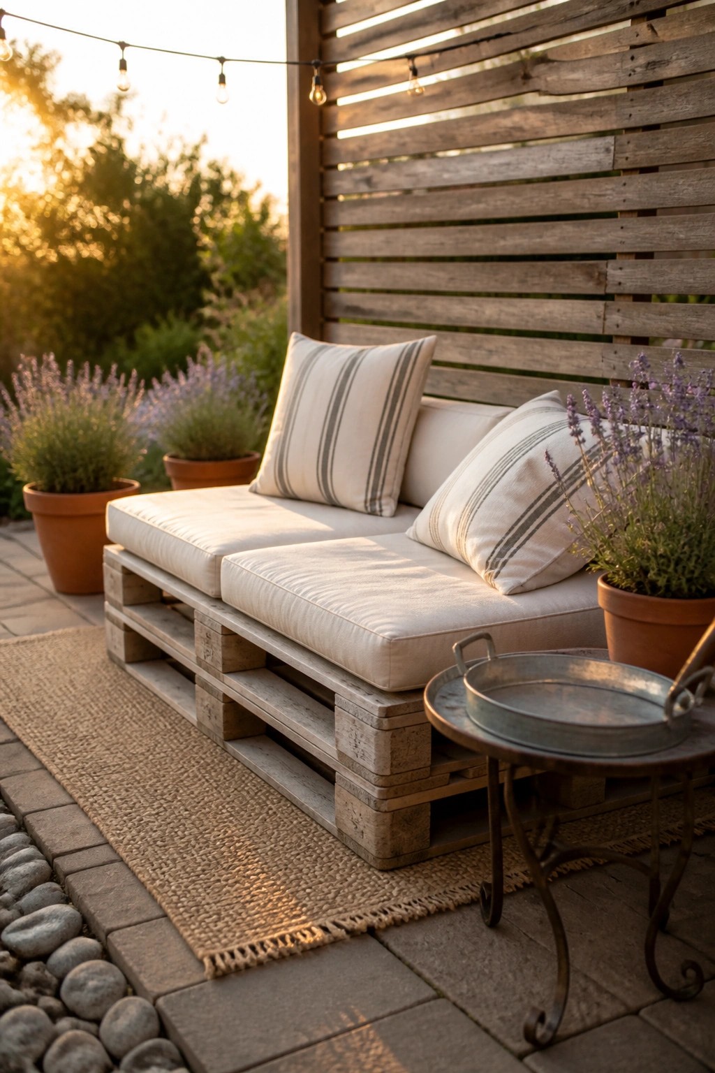 Pallet wood sofa with white cushions amid potted lavender on patio at sunset