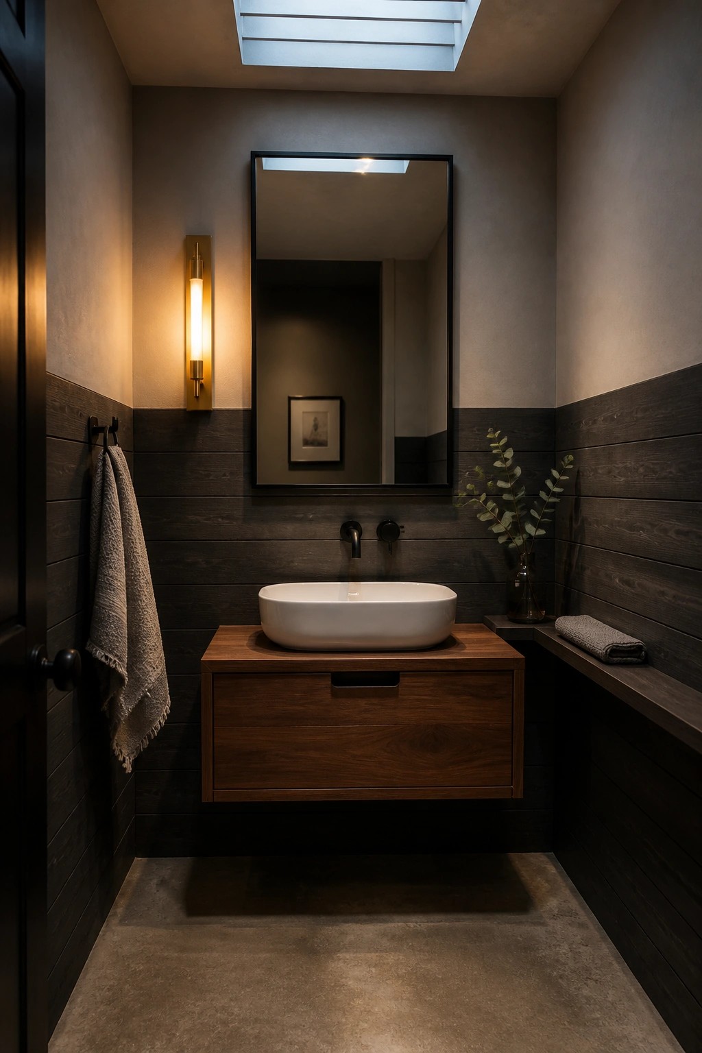 Modern bathroom interior with dark horizontal wood plank walls on the lower half, floating wood vanity with white vessel sink, black framed mirror, and wall sconce.