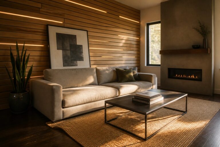 18 Sleek Modern Pallet Wall Ideas in Clean Stain, Straight Lines, and Minimal Decor A living room with a gray sofa facing a fireplace built into a wall of horizontal wood planks with integrated linear lighting and minimal decor.