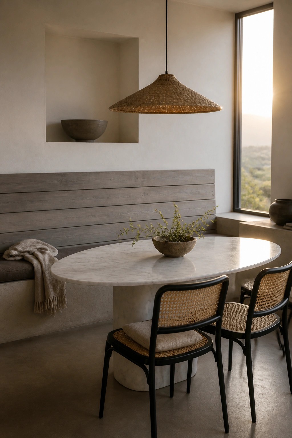 An interior dining space with an oval marble table, black and cane chairs, a built-in bench, and a horizontal gray wood slat accent wall.