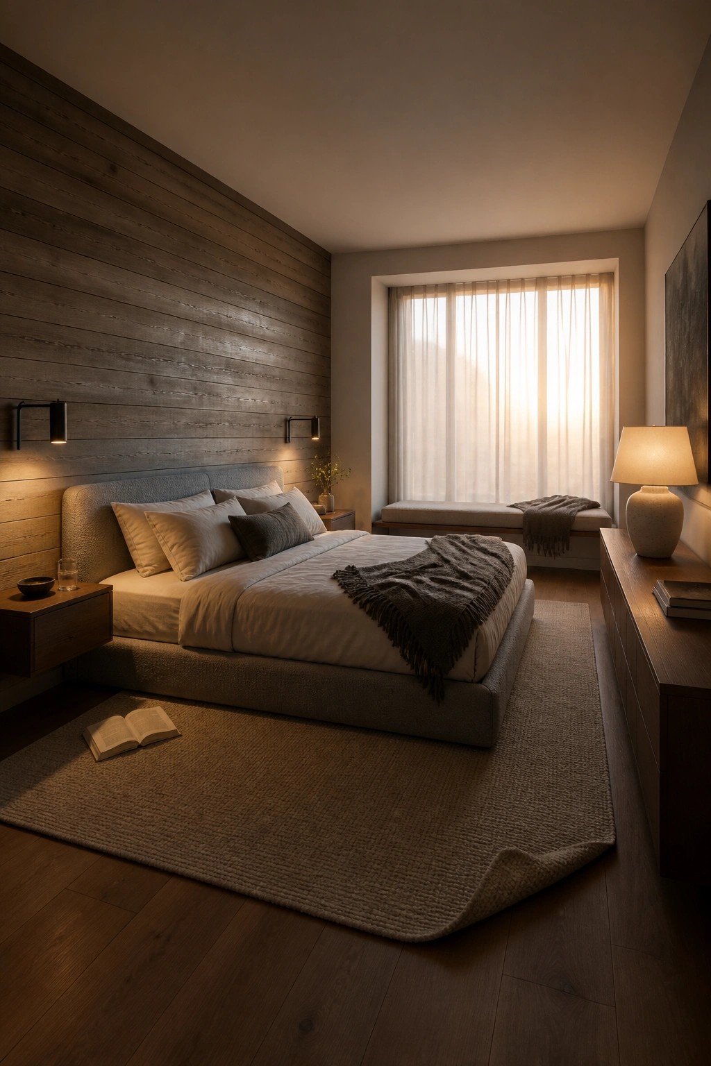 A modern bedroom with a large horizontal wood plank accent wall behind a gray upholstered bed dressed in white and gray linens, next to a window with sheer curtains.