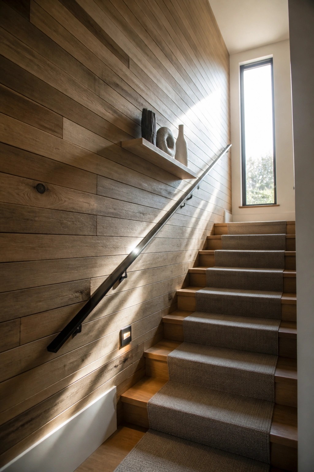 A modern staircase with gray carpet and wood treads beside a wall of horizontal wood planks, featuring a black handrail and one floating shelf with minimal decor.