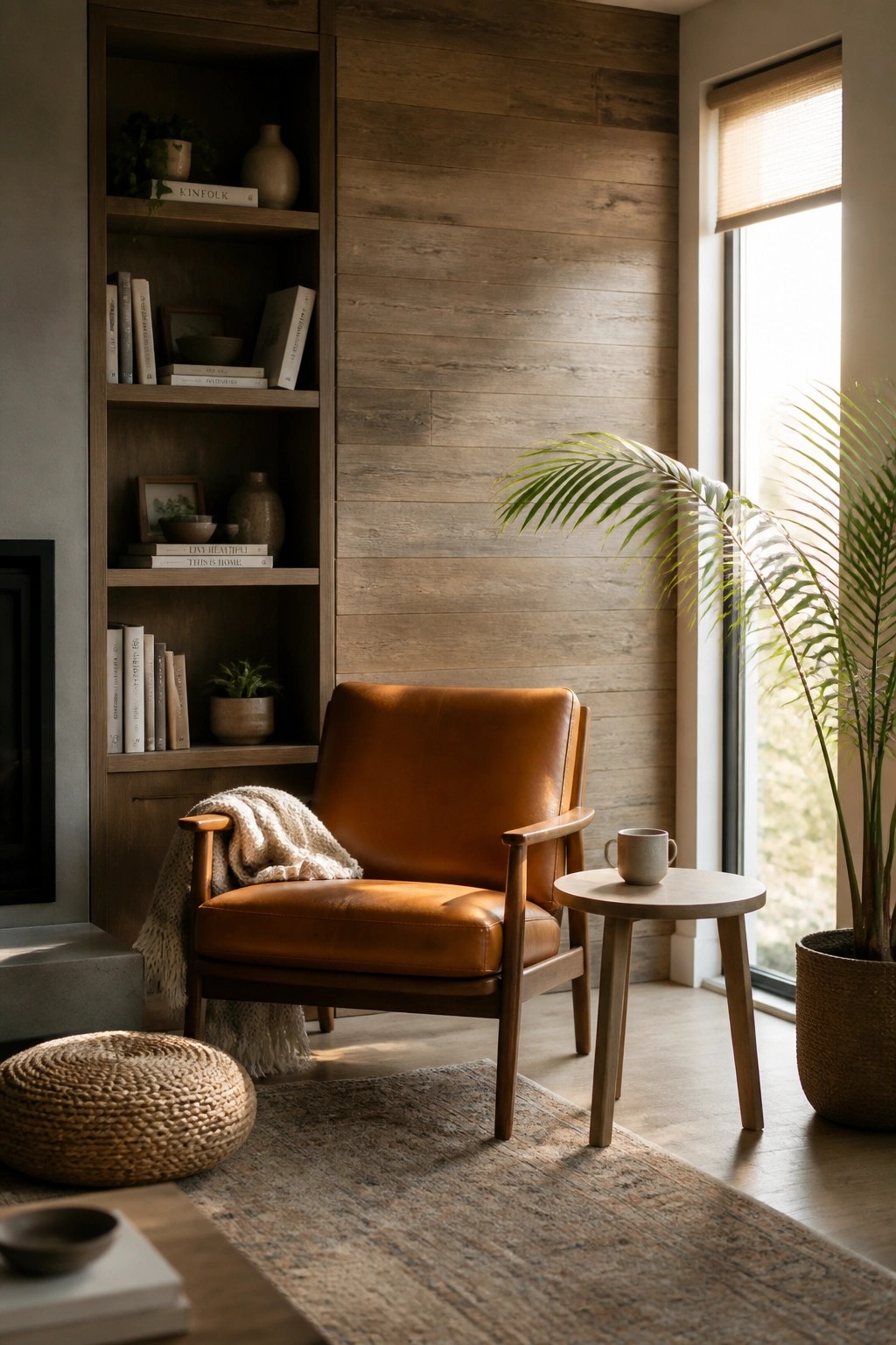 A modern living room featuring a brown leather armchair beside built-in wooden bookshelves and a horizontal wood plank accent wall.