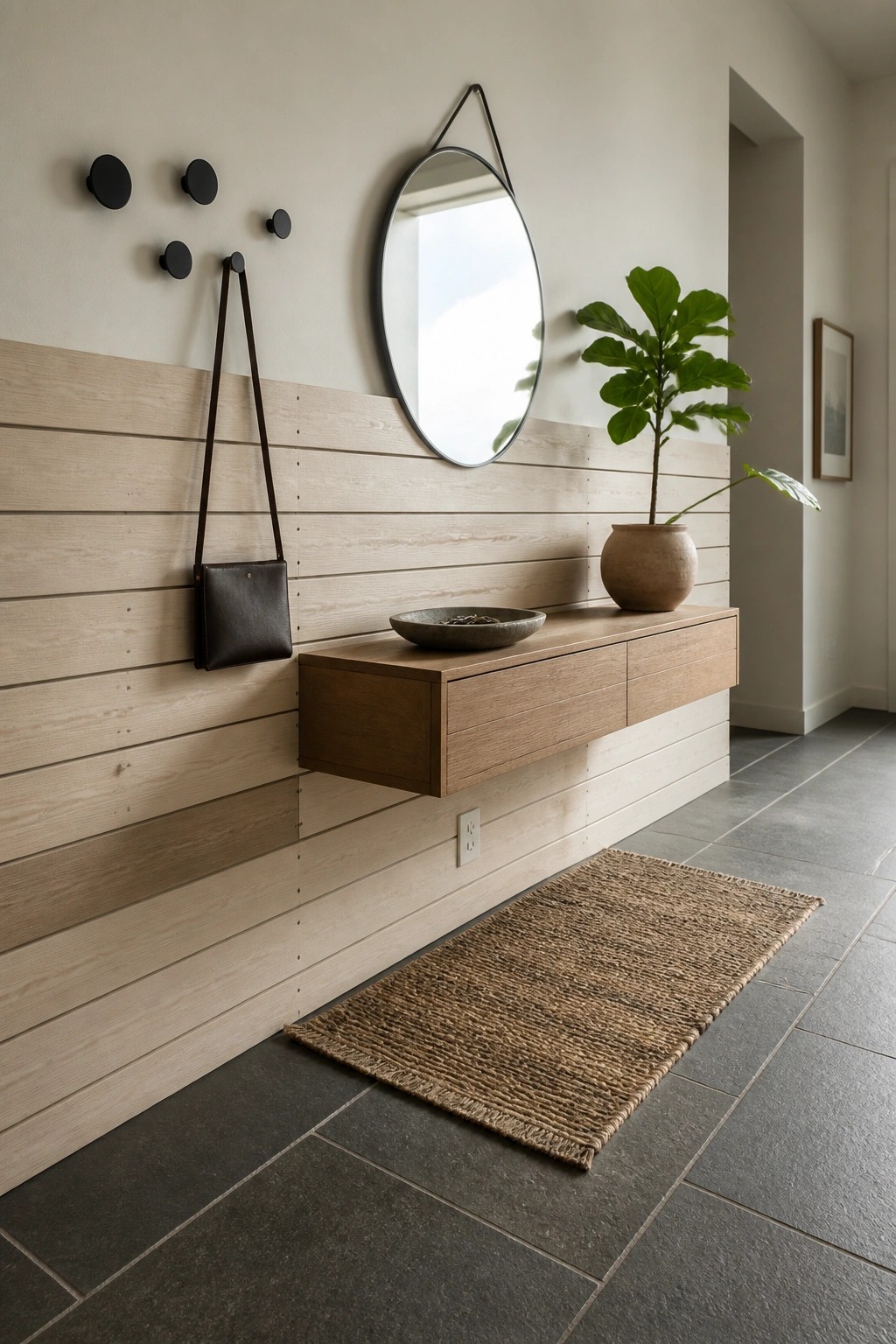 A light-stained horizontal wood slat wall in an entryway holds black hooks with a leather bag, a floating wooden console with a bowl, a round mirror, and a potted plant beside a woven rug on dark tile.