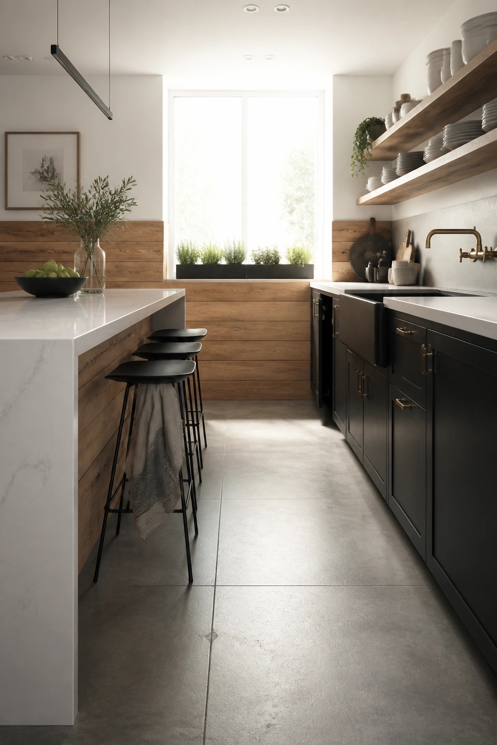 Modern kitchen with marble island, black stools, dark cabinets, and open shelves.