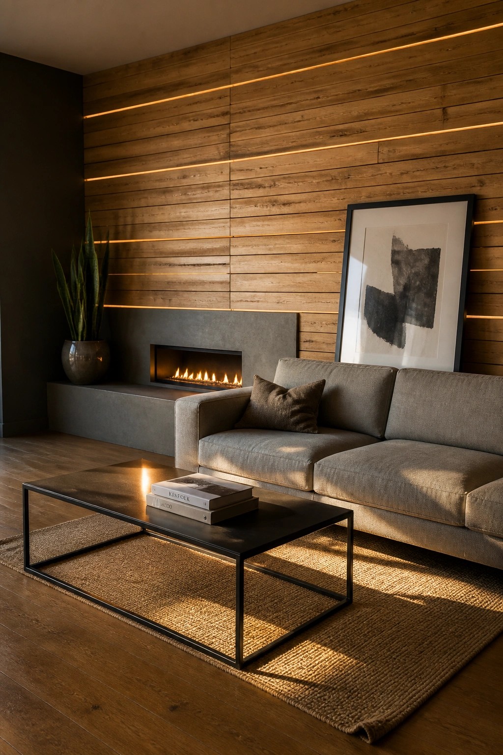 A living room with a gray sofa facing a fireplace built into a wall of horizontal wood planks with integrated linear lighting and minimal decor.