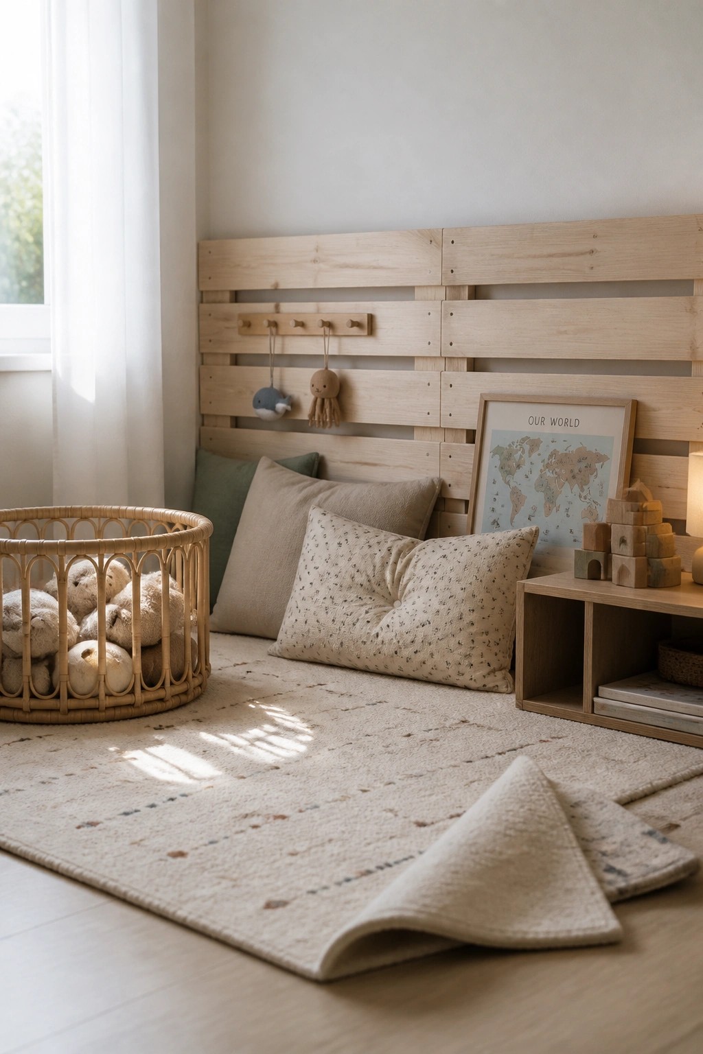 A light-stained horizontal pallet wall used as a low headboard behind pillows, with a woven basket of toys on the floor nearby.