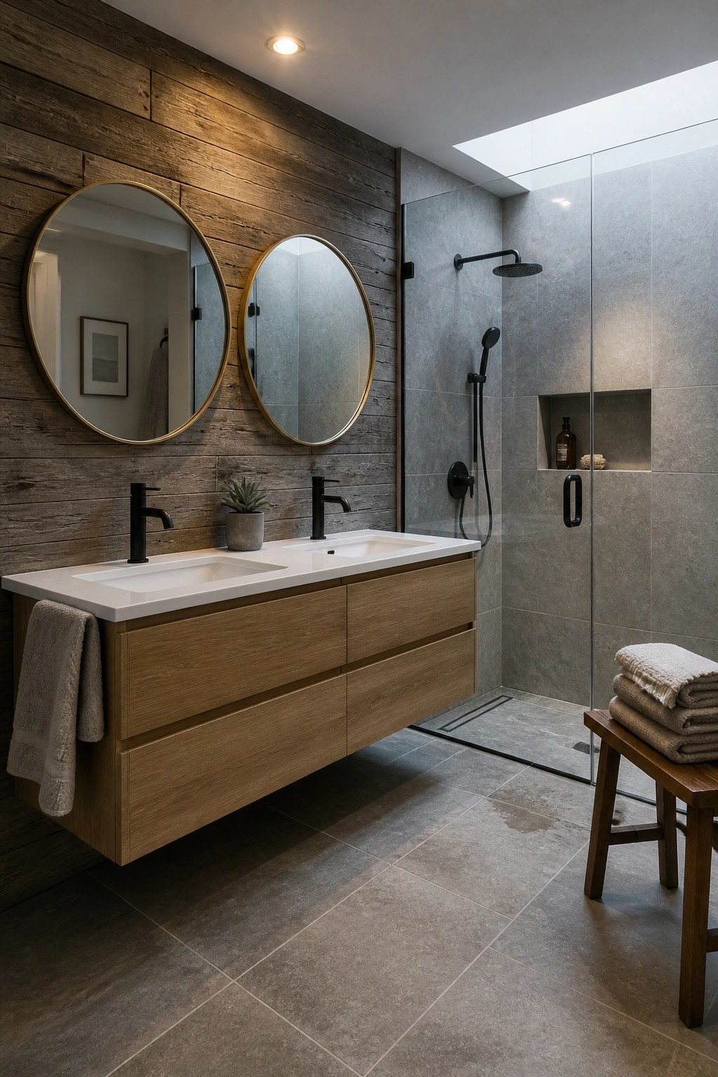 A modern bathroom with a floating wood vanity, two round mirrors, black faucets, and a horizontal wood plank accent wall next to a glass shower.