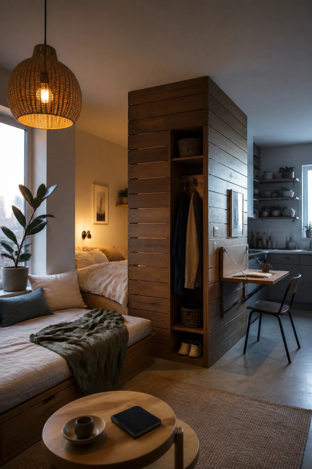 A modern bedroom interior with a tall vertical wooden slat wall that includes open shelves, clothing hooks, a basket, and a fold-down desk with a chair.
