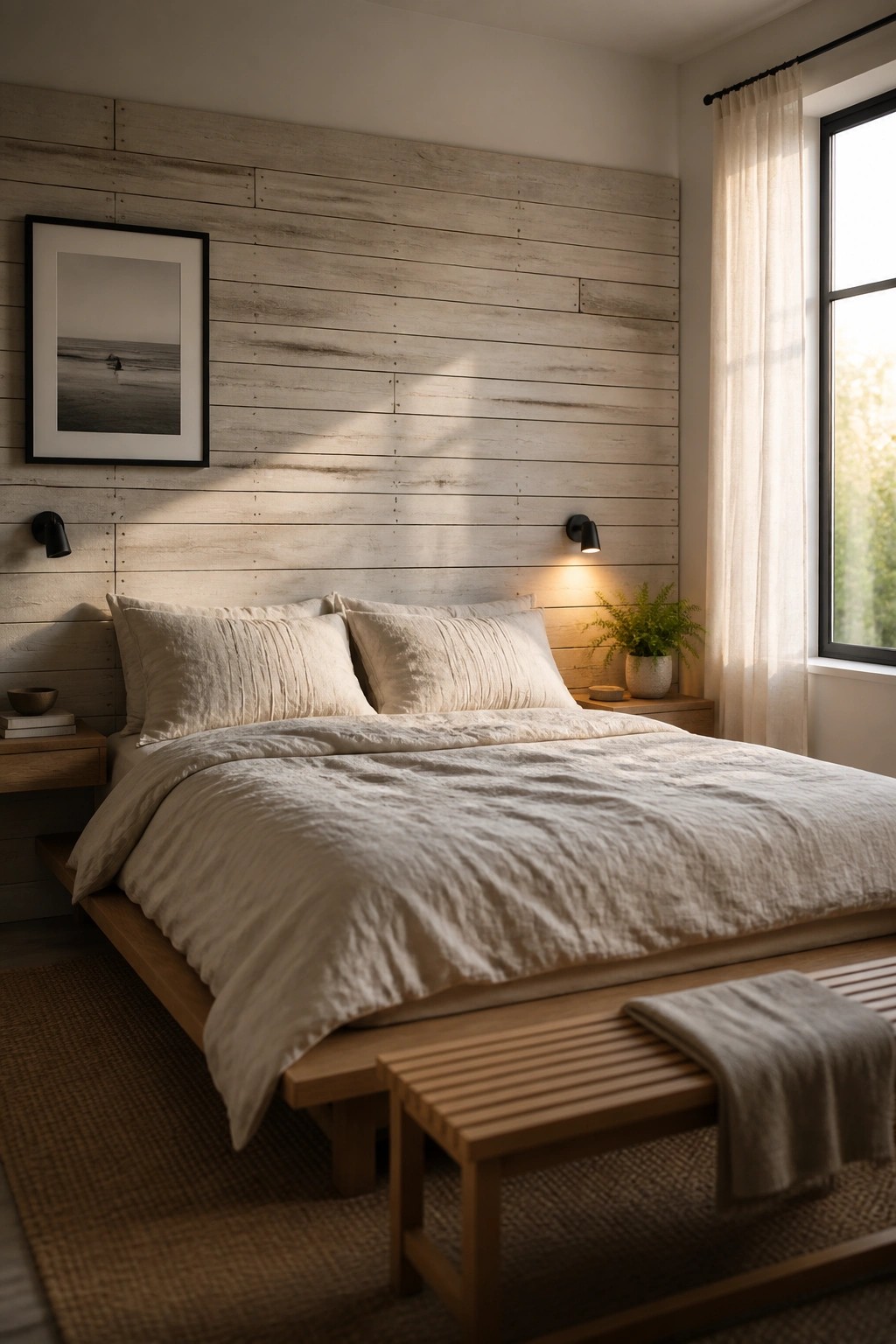 A bedroom featuring a light-stained horizontal wood plank accent wall behind a bed with neutral linens, two black sconces, and a framed photograph on the left.