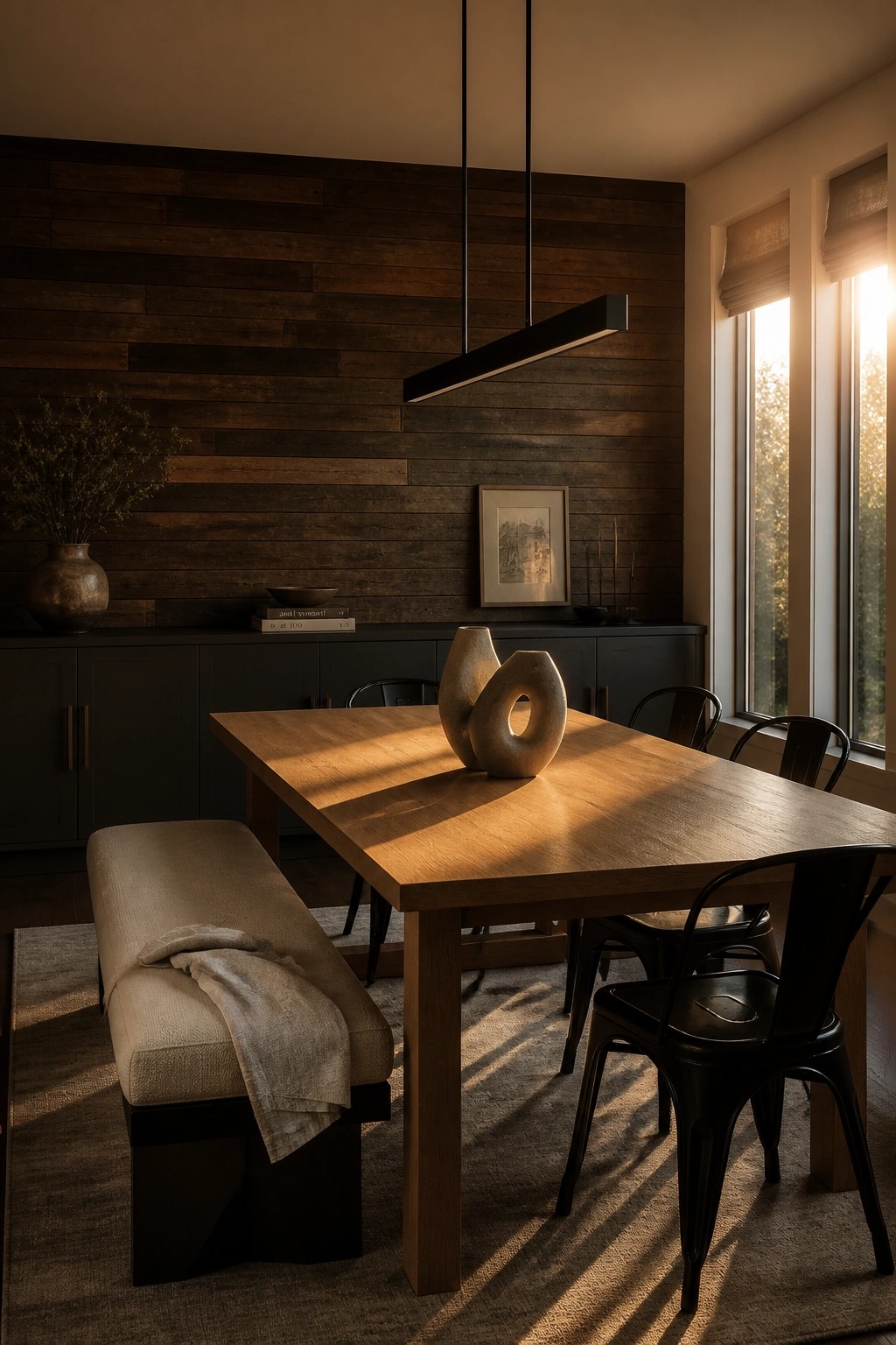 A dining room with a dark stained horizontal wood pallet wall, a wooden table, black metal chairs, a bench, and minimal decor.