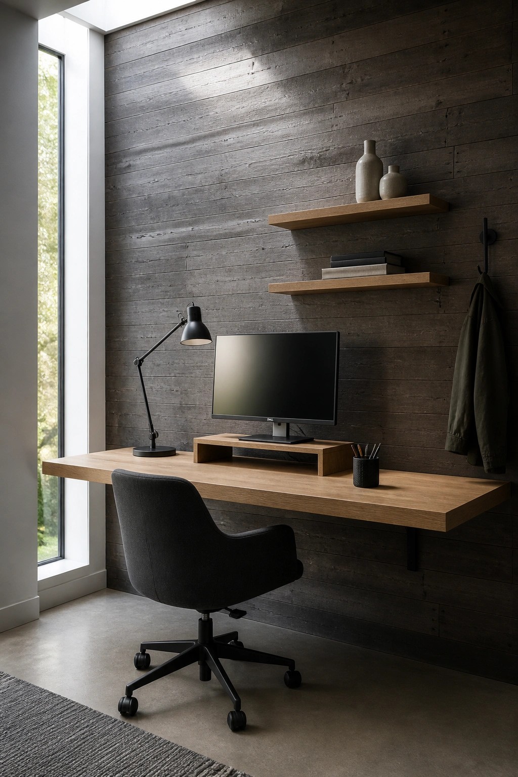 A modern home office with a dark stained horizontal wood plank accent wall, a floating wooden desk, black office chair, computer monitor, and two wooden floating shelves with minimal decor.